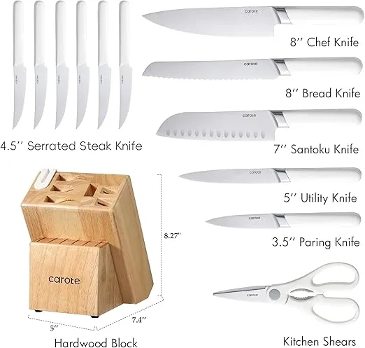 CAROTE 14PCS Kitchen Knife Set with Block, Stainless Steel Blade Knife Block Set, Knife Set with Built-in Sharpener, Razor-Sharp,White