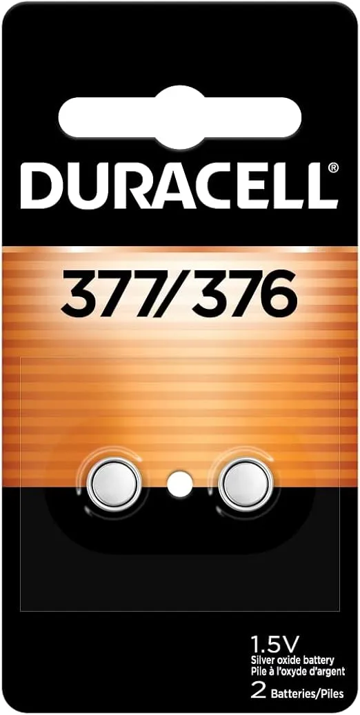 Duracell 376/377 Silver Oxide Button Battery, 2 Count Pack, 376/377 1.5 Volt Battery, Long-Lasting for Watches, Medical Devices, Calculators, and More
