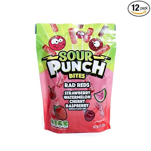 Sour Punch Bites, Cherry, Strawberry, Watermelon & Raspberry Favorite Red Flavors, Chewy Candy, 9oz Bag (12 Pack)