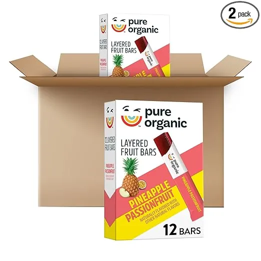 Pure Organic Layered Fruit Bars, Gluten Free, Vegan Fruit Snacks, Pineapple Passionfruit (2 Boxes, 24 Bars)