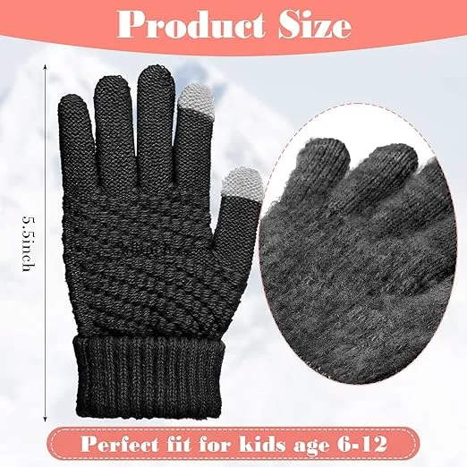 4 Pairs Kids Winter Touchscreen Gloves Warm Fleece Lined Child Knit Gloves Elastic Cuff Winter Texting Gloves for Girls Boys