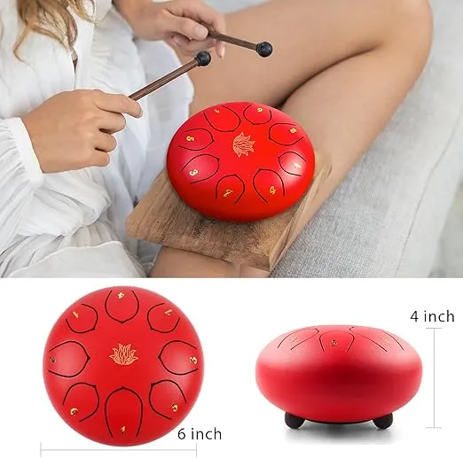 Steel Tongue Drum - 8 Notes 6 Inch Steel Hand Drum with Bag, Music Book, Drumsticks, Mallet Holder and Finger Picks, Tongue Drum for Camping, Meditation or Yoga (Red)