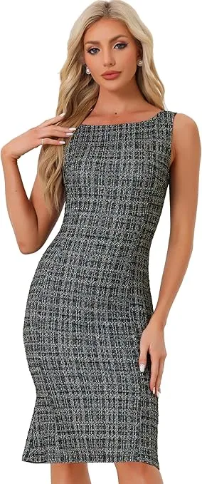 Allegra K Tweed Dress for Women's Summer Sleeveless Elegant Plaid Bodycon Dresses