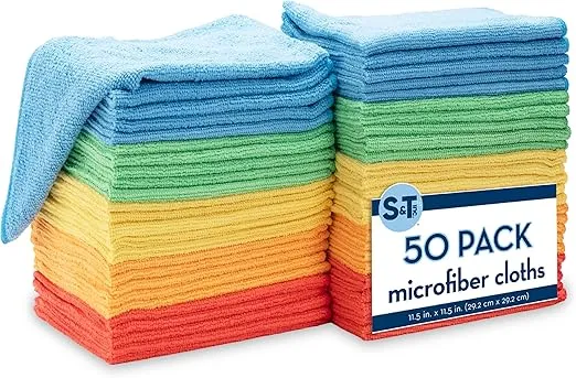 S&T INC. 50 Pack Microfiber Cleaning Cloth, Bulk Microfiber Towel for Home, Reusable Microfiber Towels for Cars, Assorted, 11.5 in. x 11.5 in., 50 Count