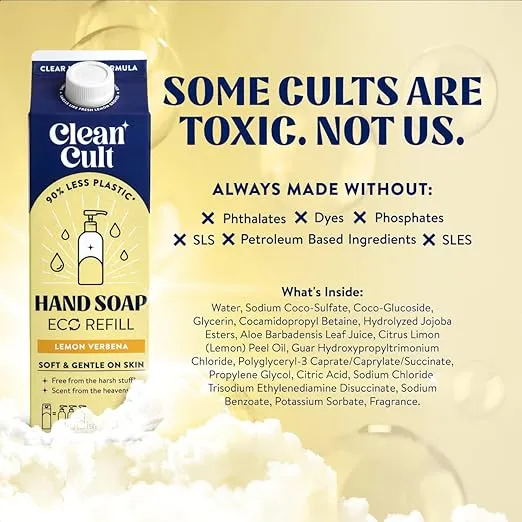 Cleancult Liquid Hand Soap Refill - Lemon Verbena - Moisturizes Dry & Sensitive Skin - Made with Aloe Vera & Essential Oils - Eco Friendly - Paper-Based Packaging - 32 oz/1 Pack