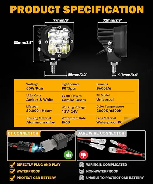 Auxbeam 3 inch Led Pods Amber Fog Light XP-Ultra Series White Off Road Driving Light Spot Flood Combo Offroad LED Cube 80W 120° Wide Combo Ditch Light for Jeep ATV Wrangler Ford Truck Pickup, Pair