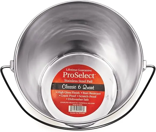 ProSelect Heavy Duty Stainless Steel Pails — Durable Pails for Kennels and Farms - 8¾", 6-Quart
