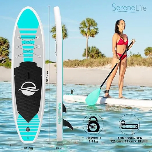 SereneLife Stand up Paddle Board Inflatable - Non-Slip SUP Paddle Board Paddle, Pump, Leash, and Accessories - Fun Water inflatable paddle board for Adults and Youth