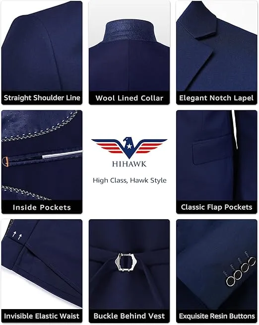 Hihawk Men's 3 Piece Suit with Stretch Fabric, Solid Slim Fit One Button Suit Blazer Set, Jacket Vest Pants with Tie.