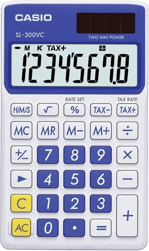 Casio SL-300VC, Sloar Powered Standard Function Calculator, Blue