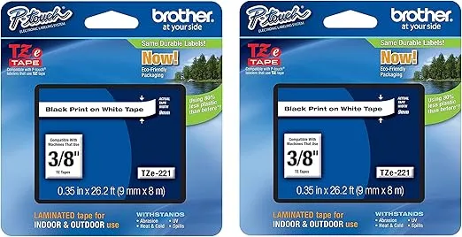Brother Genuine P-Touch 2-Pack TZe-221 Laminated Tape, Black Print on White Standard Adhesive Laminated Tape for P-Touch Label Makers, Each Roll is 0.35"/9mm (~ 3/8") Wide, 26.2 (8M) Long