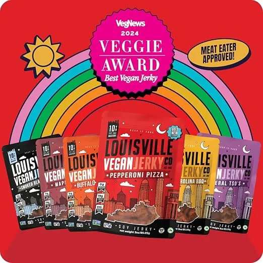 Louisville Vegan Jerky – Pepperoni Pizza Vegan and Vegetarian Friendly Meat - Lip-Smacking Jerky - Gluten-Free High Protein Vegan Snacks 19 grams of Non-GMO Soy Protein, 310 Calories Per Bag