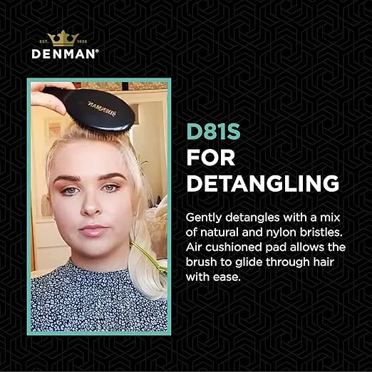 Denman Cushion Hair Brush (Small) with Soft Nylon Quill Boar Bristles - Porcupine Style for Grooming, Detangling, Straightening, Blowdrying and Refreshing Hair – Black, D81S