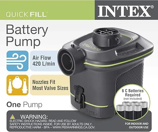 INTEX 66638E QuickFill Battery Pump: Inflates and Deflates Air Mattresses, Kayaks, Boats – Includes 3 Interrconnecting Nozzles – Sleek and Compact Design – 420 L/Min Air Flow – Indoor and Outdoor Use