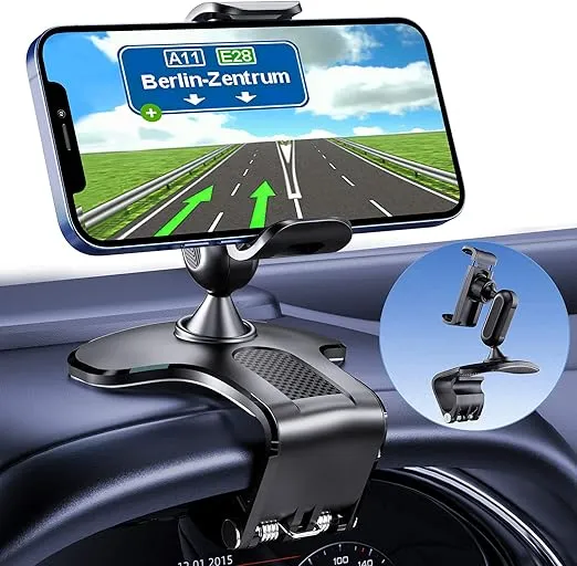 360 Degree Rotation Dashboard Cell Phone Holder for Car Clip Mount Stand Suitable for 4 to 7 inch Smartphones (Black)