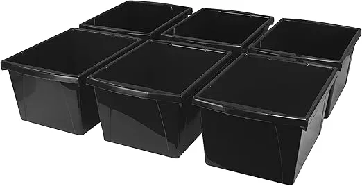 Storex 4 Gallon Storage Bin – Plastic Classroom Organizer for Books and Supplies, Black, 6-Pack (61466U06C)