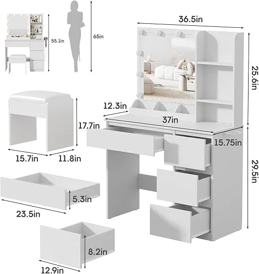Vabches Vanity, Makeup Vanity Desk Set with Mirror & Light, Dressing Table Storage Lots with Power Strip, 3 Lighting Modes with Adjustable Brightness, 37 Inches (White) (White with Stool)