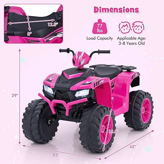 HONEY JOY 24V Kids ATV, 4 Wheeler Battery Power Ride On ATV Toy for Big Kids, LED Lights, High/Low Speed, Treaded Tires, Music, Off-Road Toddler Quad, Electric Car for Boys Girls (Pink)