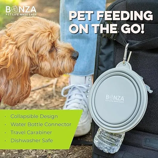 Bonza by Leash Boss Small Collapsible Dog Bowl, Sturdy Reinforced Rim, includes Carabiner & Water Bottle Holder Keychain, Black