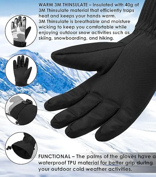 Alpine Swiss Mens Waterproof Gauntlet Snow Ski Gloves Winter Sport Snowboarding Windproof Warm 3M Thinsulate