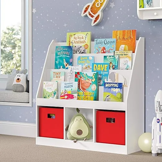 RiverRidge Kids 4 shelves Three Cubbies Bookrack, White (02-251), 11.81"D x 35"W x 36"H