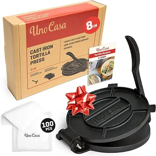 Uno Casa Cast Iron Tortilla Press 8 Inch - Tortilla Maker Press, Pre-Seasoned Roti Maker with 100 Pcs Parchment Paper, Heavy Duty Quesadilla Maker - Pataconera for Flour Tortilla, Tawa