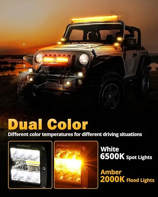 Auxbeam 3Inch 72W Dual Color Amber White LED Cube Lights 6 Modes Flashing Strobe Light Bar Spot Flood Combo Offroad LED Pods Amber Fog Lights for Trucks UTV ATV Jeep Car
