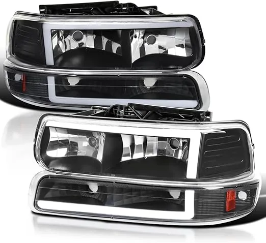 Spec-D Tuning Black LED Bar Headlights + Bumper Lights Compatible with 1999-2002 Chevy Silverado 2000-2006 Tahoe Suburban, Left + Right Pair Headlamps Assembly