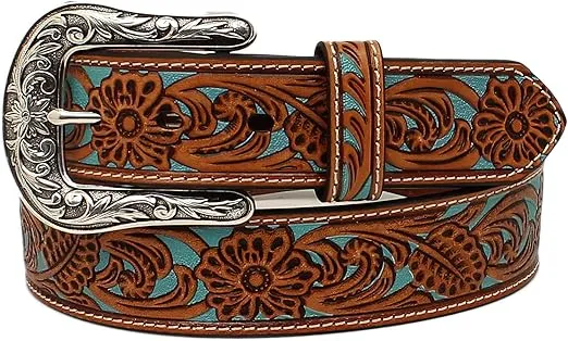 ARIAT Women's Floral Pierced Genuine Leather Belt with Turquoise Underlay