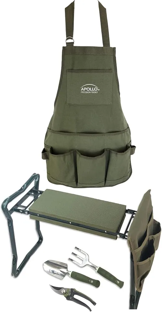 Apollo Tools 6 Piece Garden Set with Foldable Seat Adjustable to Kneeler Position, Washable Green Apron with Deep Pockets, and 3 Quality Garden Tools; Trowel, Pruner, and Rake - Green - DT3798