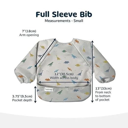 Tiny Twinkle Mess Proof Baby Bib, Cute Full Sleeve Bib Outfit, Waterproof Bibs for Toddlers, Machine Washable, Tug Proof Closure, Baby Smock for Eating, Long Sleeve (Dinosaur, Small 6-24 Months)