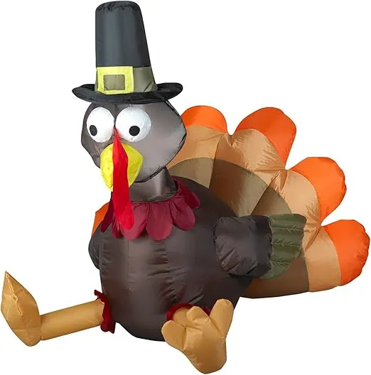 Gemmy Turkey Wearing Pilgrim Hat Inflatable Airblown Yard Decoration, 3-Feet Tall
