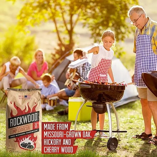 Rockwood Natural Hardwood Lump Charcoal - Oak, Hickory, and Cherry Mix for Charcoal for Grilling & Smoker - BBQ Charcoal - No Fillers - Made in USA - 20 lbs (1 Pack)