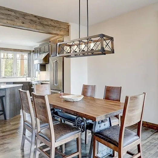 Farmhouse Chandelier for Dining Room, 5-Light Rectangular Chandelier, Wood Kitchen Island Lighting, 31.5'' L