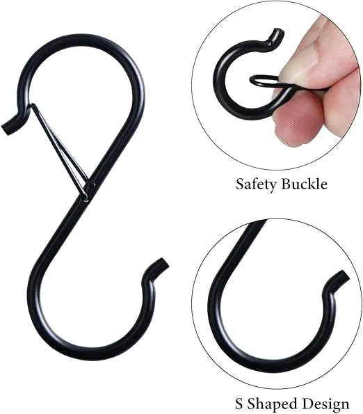 48 Pack S Hooks for Hanging Black S Hooks Heavy Duty Metal Hooks with Safety Buckle Design for Hanging Plants, Lights, Kitchenware, Pans, Pots, Utensils, Clothes, Towels