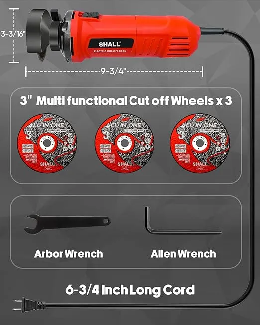 SHALL 3 Inch High-Speed Cut Off Tool, 3.5 Amp Metal Cutter Tool with 3Pcs Multifunctional Cutoff Wheels, 24000RPM Electricl Metal Cutting Tools for Steel, Inox, PVC, Aluminum