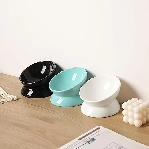Sweejar Ceramic Raised Cat Bowls, Slanted Cat Dish Food or Water Bowls, Elevated Porcelain Pet Feeder Bowl Protect Cat's Spine, Stress Free, Backflow Prevention (WhiteNew)