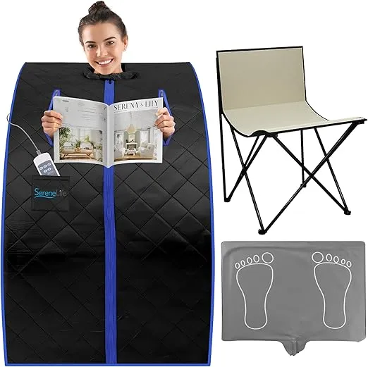 SereneLife Portable Sauna for Home, Infrared Sauna Tent with Heated Foot Pad and Folding Chair, Compact Personal Detox Sauna, Remote Control In-Home Spa, 40" x 33" - inch (Black)