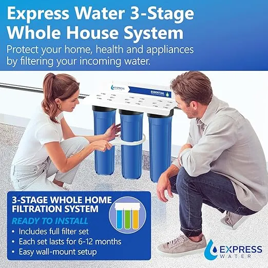 Express Water Whole House Water Filter System - 3-Stage Water Filtration System with Sediment, GAC & Carbon Filters - Reduce Chlorine - Clean Drinking Water