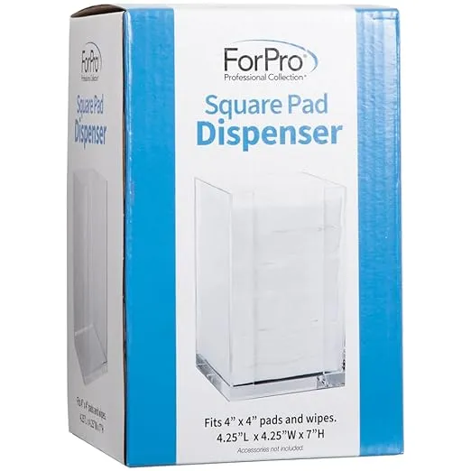 ForPro Square Pad Dispenser - Clear, Acrylic, Open Sides and Top Dispenser - Fits 4” x 4” Cotton Pads - 7” H x 4.25” W x 4.25” L