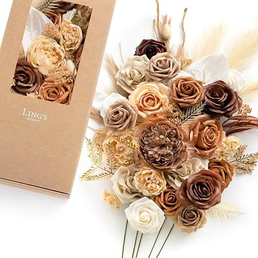 Ling's Moment Boho Flowers Artificial, Sunset Terracotta Artificial Fake Flowers Deluxe Designer Combo for DIY Wedding Bouquets Centerpieces Arrangements Party Baby Shower Home Decorations