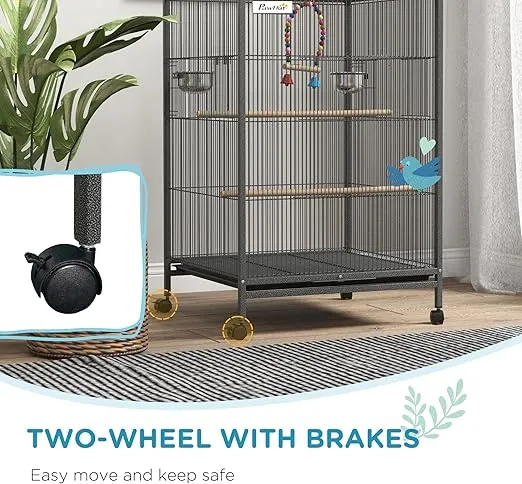 Pawhut Metal Bird Cage with Stand for Parrots, Lovebirds, Finches, Large Bird Cage with Swing, Stainless Steel Bowls, Removable Tray for Small Birds, Gray