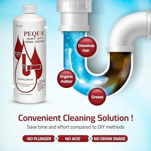 PEQUA INDUSTRIES P-10232 Pequa Heavy Duty Drain Opener, Non-Acid, Fast-Acting Formula, Industrial strength Drain Cleaner for Sinks, Tubs, Septic Tanks - 32 Oz (32 Oz (Pack of 1))
