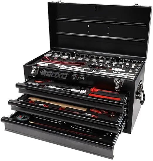 BOXO USA Heavy Duty Toolbox 103 Piece MotoBox Hand Carry Tool Box with Locking System for Motorcycle, Dirt Bike, Dual Sport (Black)
