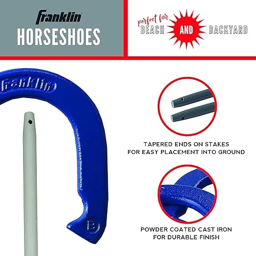 Franklin Sports Horseshoes Sets - Metal Horseshoe Game Sets for Adults + Kids - Official Weight Steel Horseshoes - Beach + Lawn Horseshoes Sets - Sets Include (4) Horseshoes and (2) Ground Stakes