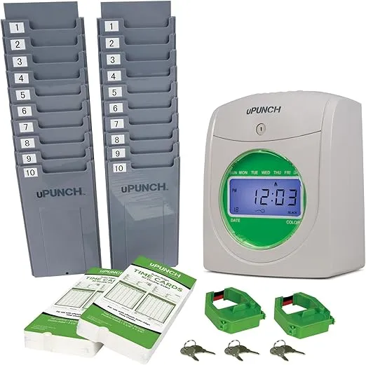 uPunch HN3500 Advanced Time Clock Bundle for Small Business: Complete Employee Time Tracking System with 100 Time Cards, 2 Racks, 2 Ribbons & 6 Keys