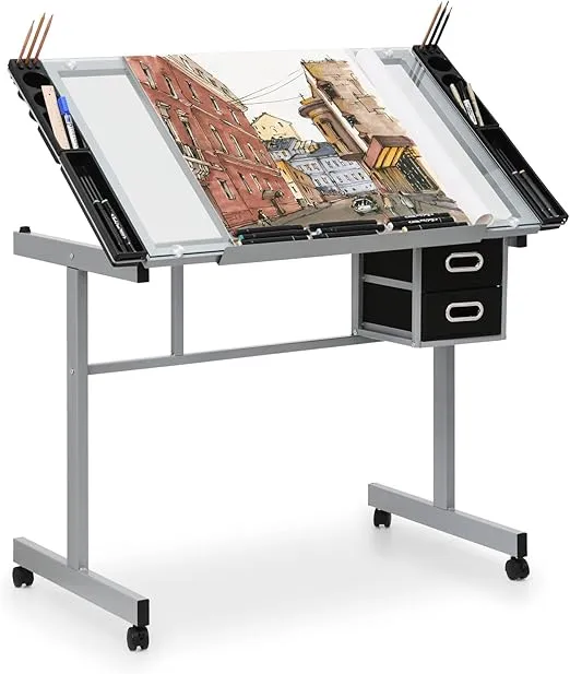 Magshion Drafting Table Artist Desk with Adjustable 65° Tilting Clear Glass Tabletop, Portable Art Desk with 2 Storage Drawers and 2 Lockable Rolling Casters for Artists Painters Student (Clear)