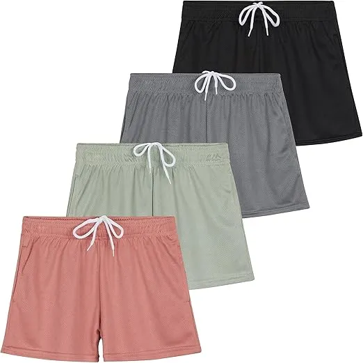 Real Essentials 4 Pack: Girl's Mesh Active Athletic Performance Sport Shorts for Girls with Pockets