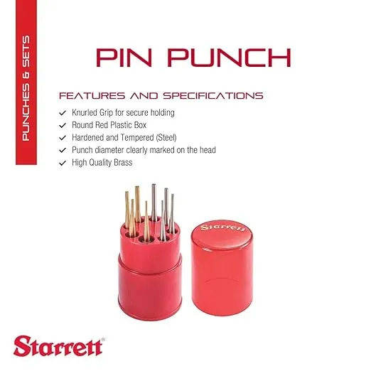 Starrett Steel & Brass Drive Pin Punch Set with Knurled Grip in Round Red Plastic Box - 4" Length, Set of 8 - S565WBS