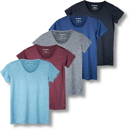 Real Essentials 5 Pack: Women's Dry Fit Tech Stretch Short-Sleeve Crew Neck Athletic T-Shirt (Available in Plus Size)